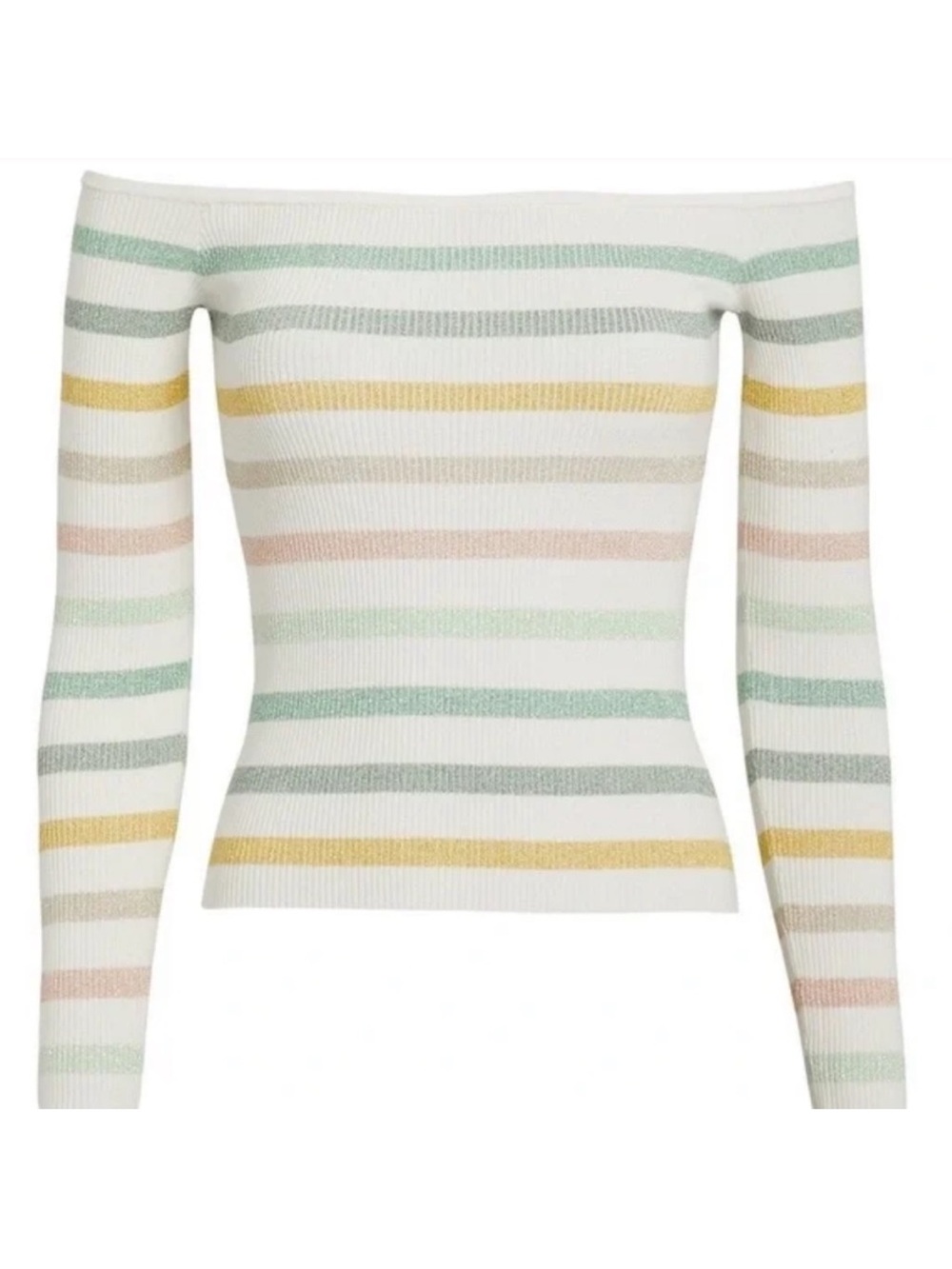Ronny Kobo Robbie Metallic Striped Knit Off the Shoulder Top Pastel